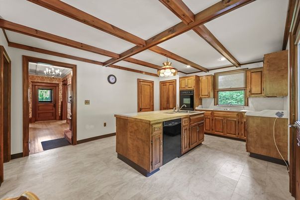 Chandelier, Interior, Kitchen, Recessed Lighting, Wooden Beams