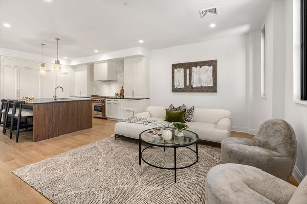 Interior, Kitchen, Living room, Marble Walls, Pendant Lights, Recessed Lighting, Stainless Steel Appliances, Wood Texture Flooring