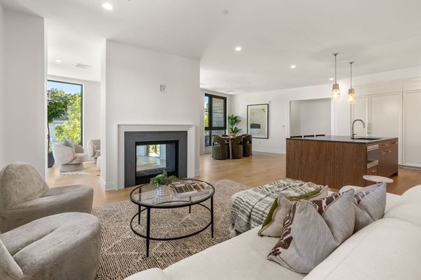 Fireplace, Interior, Kitchen, Living room, Pendant Lights, Recessed Lighting, Wood Texture Flooring