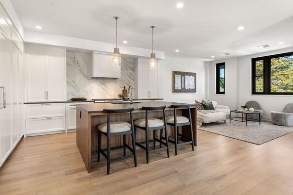 Interior, Living room, Marble Walls, Pendant Lights, Recessed Lighting, Wood Texture Flooring