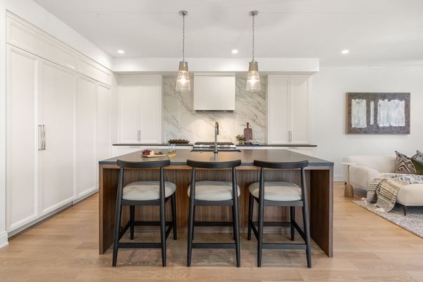 Interior, Kitchen, Marble Walls, Pendant Lights, Recessed Lighting, Wood Texture Flooring