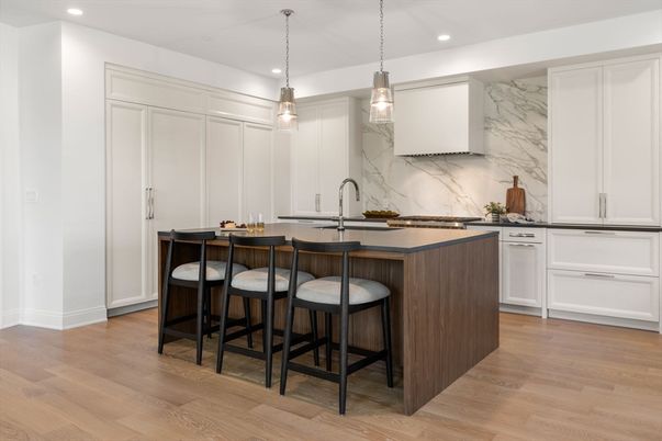 Interior, Kitchen, Marble Walls, Pendant Lights, Recessed Lighting, Wood Texture Flooring