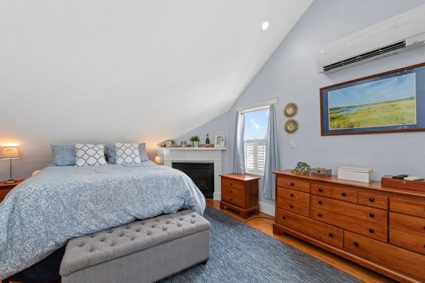 Bedroom, Fireplace, Interior, Recessed Lighting, Wood Texture Flooring