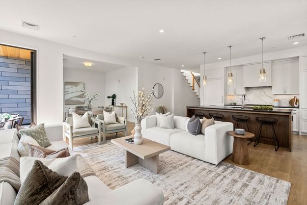 Interior, Kitchen, Living room, Marble Walls, Pendant Lights, Recessed Lighting, Wood Texture Flooring