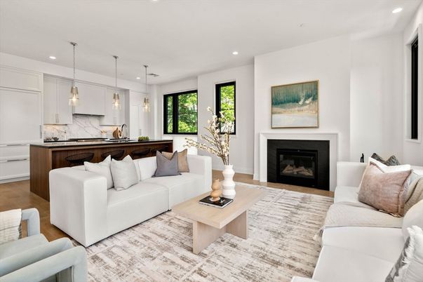 Fireplace, Interior, Kitchen, Living room, Marble Walls, Pendant Lights, Recessed Lighting, Wood Texture Flooring