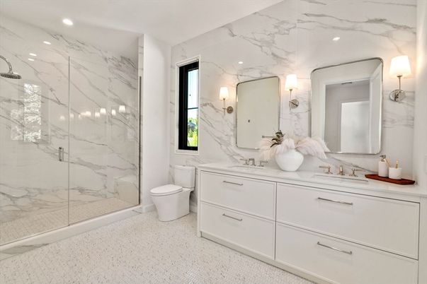 Bathroom, Glass Shower, Interior, Marble Walls, Recessed Lighting