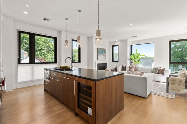 Fireplace, Interior, Kitchen, Living room, Pendant Lights, Recessed Lighting, Wood Texture Flooring
