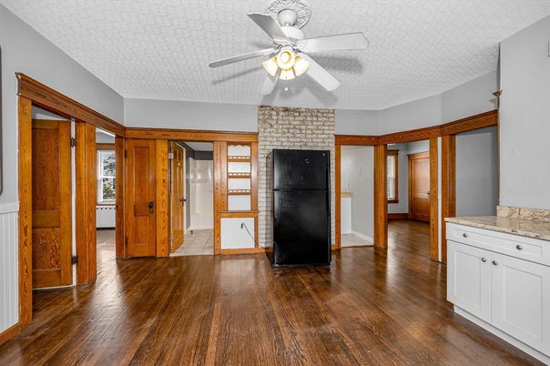 Empty room, Fireplace, Interior, Stone Walls, Wood Texture Flooring