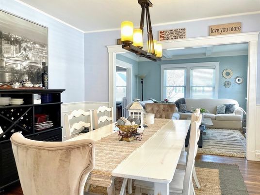 Dining room, Interior, Living room, Pendant Lights, Wood Texture Flooring