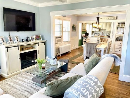 Dining room, Fireplace, Interior, Kitchen, Living room, Pendant Lights, Wood Texture Flooring