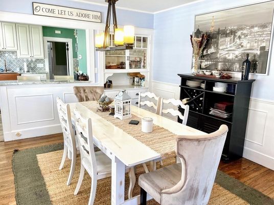 Dining room, Interior, Pendant Lights, Wood Texture Flooring