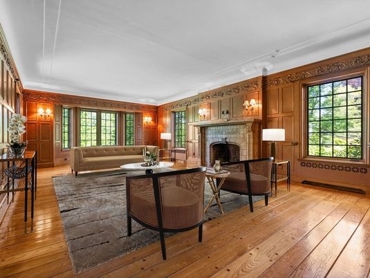 Fireplace, Home Office, Interior, Wood Texture Flooring, Wooden Walls