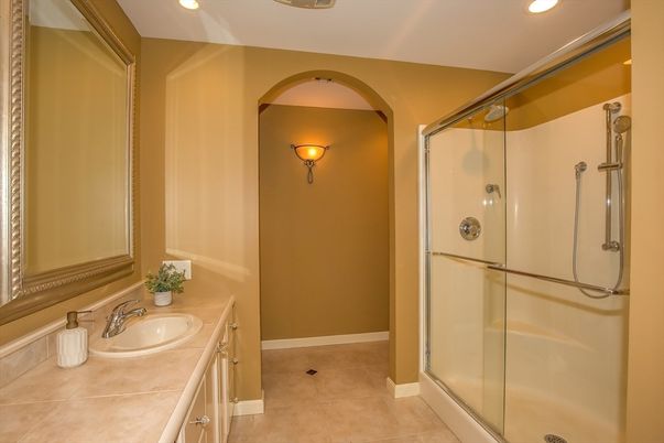 Bathroom, Glass Shower, Interior, Recessed Lighting, Tile Countertops