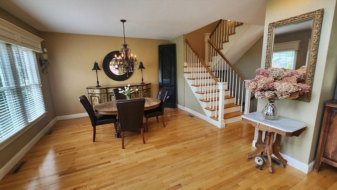 Chandelier, Dining room, Interior, Wood Texture Flooring