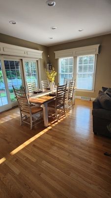 Dining room, Interior, Recessed Lighting, Wood Texture Flooring