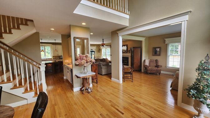 Fireplace, Interior, Living room, Pendant Lights, Recessed Lighting, Wood Texture Flooring