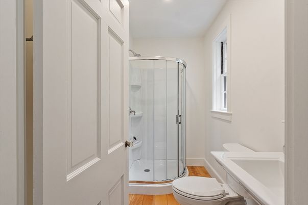 Bathroom, Glass Shower, Interior, Wood Texture Flooring