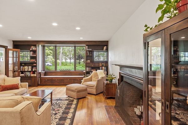 Fireplace, Interior, Living room, Recessed Lighting, Wood Texture Flooring