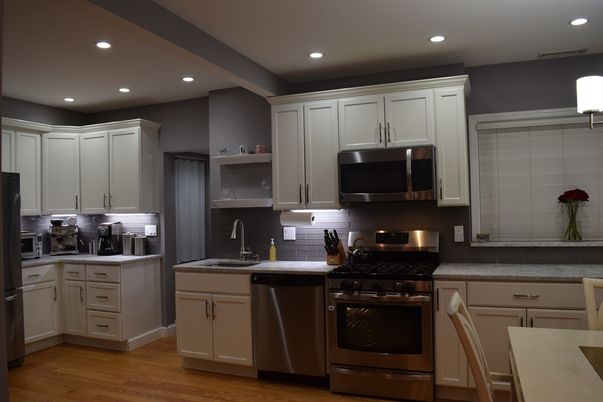 Interior, Kitchen, Recessed Lighting, Stainless Steel Appliances, Wood Texture Flooring