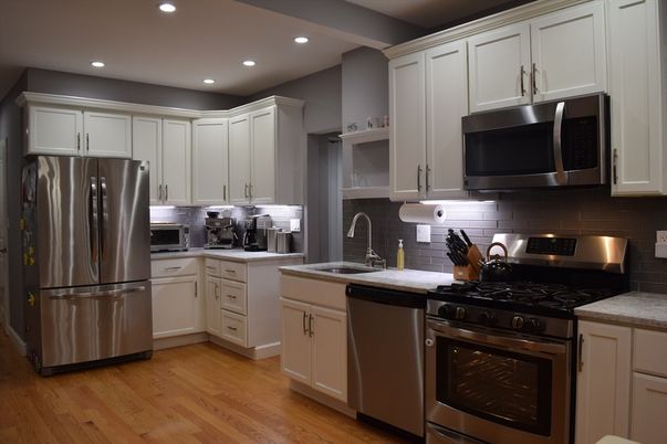 Interior, Kitchen, Recessed Lighting, Stainless Steel Appliances, Wood Texture Flooring