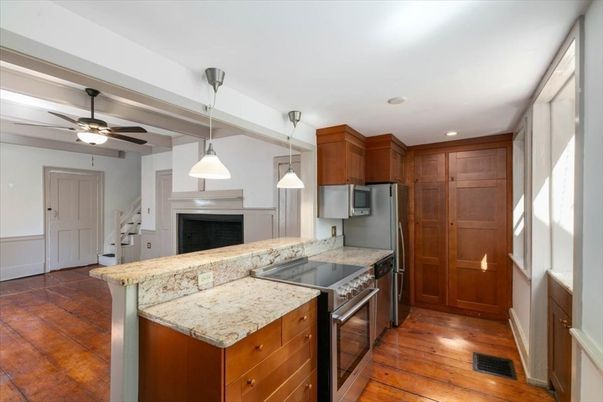 Fireplace, Interior, Kitchen, Pendant Lights, Recessed Lighting, Wood Texture Flooring