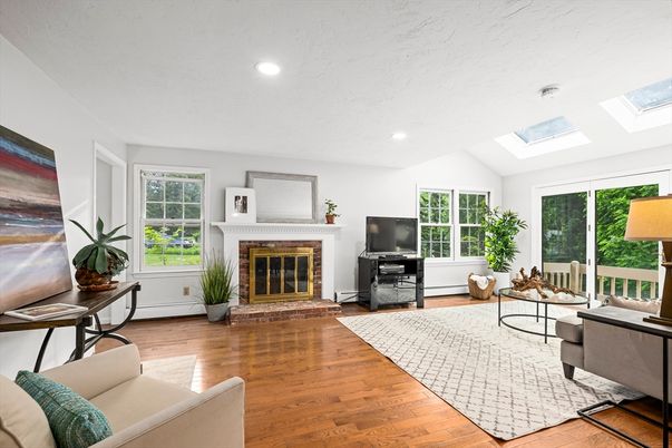 Fireplace, Interior, Living room, Recessed Lighting, Wood Texture Flooring