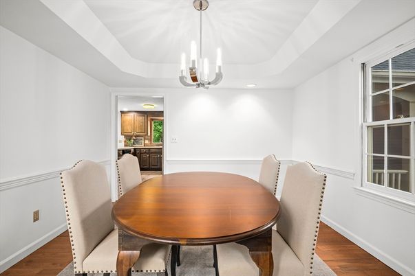 Dining room, Interior, Pendant Lights, Recessed Lighting, Wood Texture Flooring