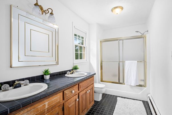 Bathroom, Dual Sink Vanities, Glass Shower, Interior, Tile Countertops