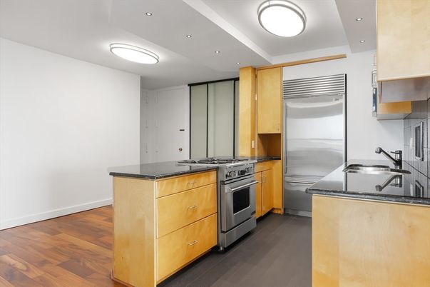Interior, Kitchen, Recessed Lighting, Stainless Steel Appliances, Wood Texture Flooring