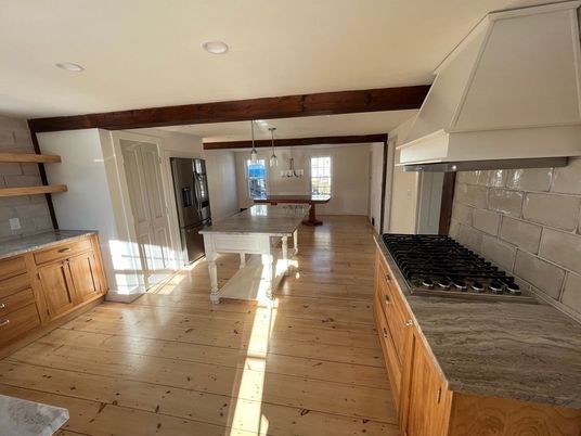 Interior, Kitchen, Pendant Lights, Recessed Lighting, Wooden Beams, Wood Texture Flooring