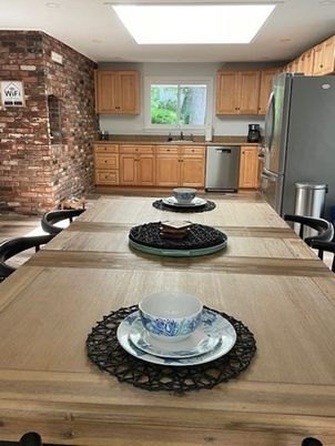 Interior, Kitchen, Stainless Steel Appliances, Stone Walls, Wood Texture Flooring