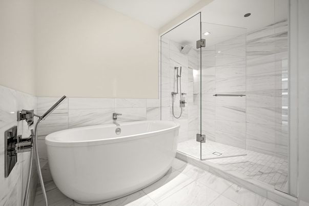 Bathroom, Free Standing Baths, Glass Shower, Interior, Marble, Marble Walls, Recessed Lighting