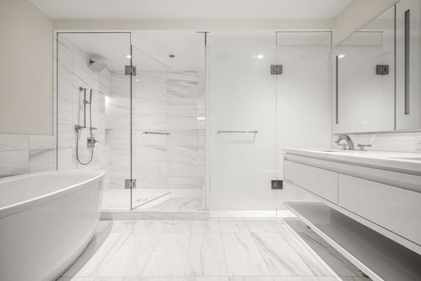 Bathroom, Glass Shower, Interior, Marble, Marble Walls, Recessed Lighting