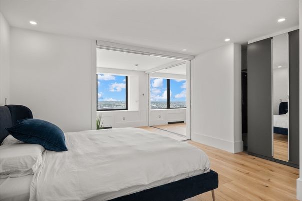 Bedroom, Interior, Recessed Lighting, Wood Texture Flooring