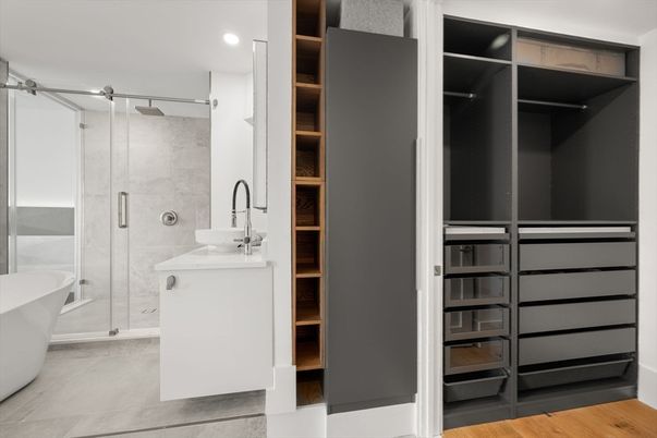 Bathroom, Free Standing Baths, Glass Shower, Interior, Recessed Lighting, Wood Texture Flooring