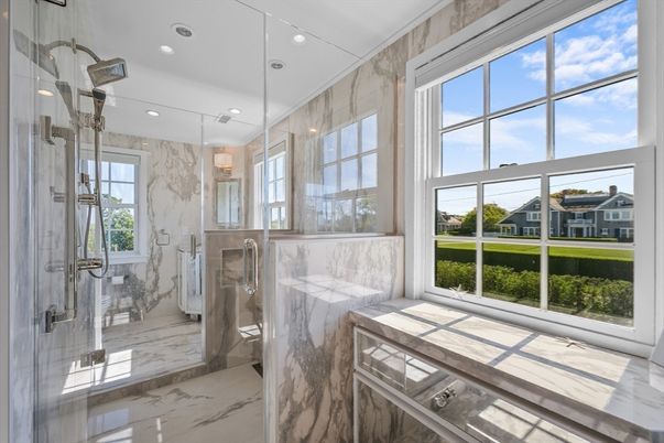 Bathroom, Glass Shower, Interior, Marble, Marble Walls, Recessed Lighting