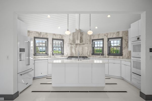Interior, Kitchen, Marble Walls, Pendant Lights, Recessed Lighting