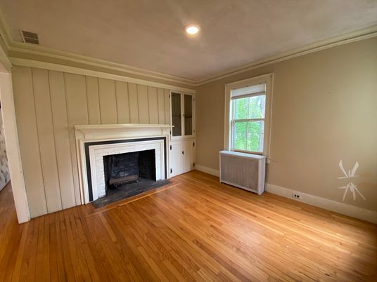Empty room, Fireplace, Interior, Recessed Lighting, Wood Texture Flooring