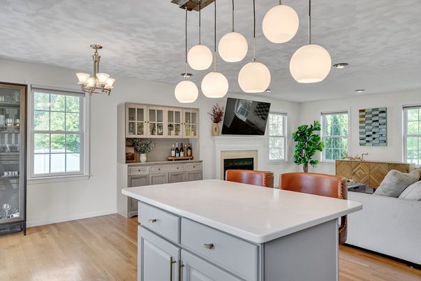 Fireplace, Interior, Kitchen, Pendant Lights, Recessed Lighting, Wood Texture Flooring