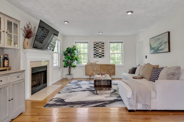 Fireplace, Interior, Living room, Recessed Lighting, Wood Texture Flooring