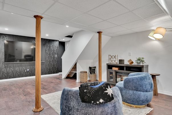 Fireplace, Interior, Recessed Lighting, Wood Texture Flooring