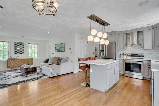 Interior, Kitchen, Living room, Pendant Lights, Recessed Lighting, Stainless Steel Appliances, Wood Texture Flooring