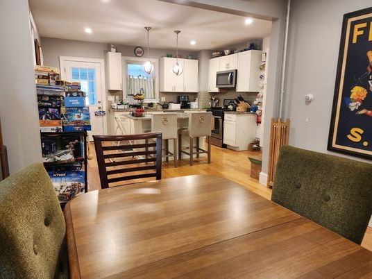 Dining room, Interior, Kitchen, Pendant Lights, Recessed Lighting, Wood Texture Flooring