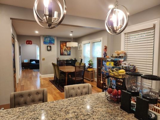 Chandelier, Dining room, Interior, Pendant Lights, Recessed Lighting, Wood Texture Flooring