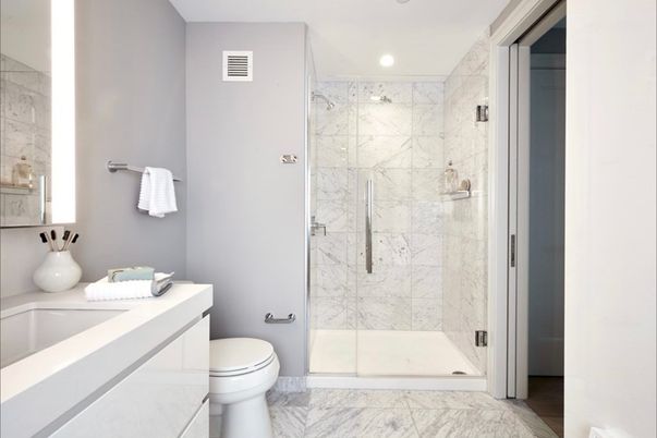 Bathroom, Glass Shower, Interior, Marble, Marble Walls, Recessed Lighting