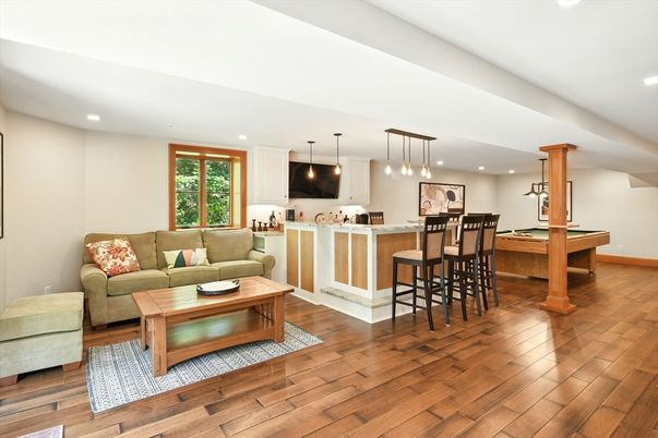 Billiard Table, Game Room, Interior, Kitchen, Living room, Pendant Lights, Recessed Lighting, Wood Texture Flooring