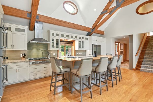 Interior, Kitchen, Recessed Lighting, Stainless Steel Appliances, Wooden Beams, Wood Texture Flooring