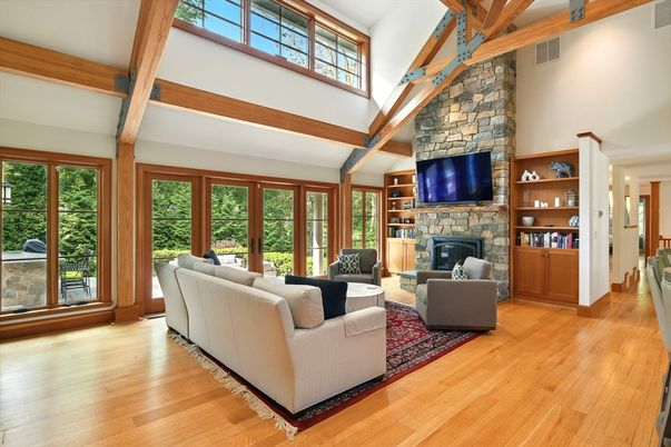Fireplace, Interior, Living room, Stone Walls, Wooden Beams, Wood Texture Flooring