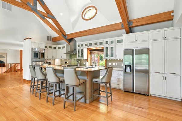 Interior, Kitchen, Recessed Lighting, Stainless Steel Appliances, Wooden Beams, Wood Texture Flooring