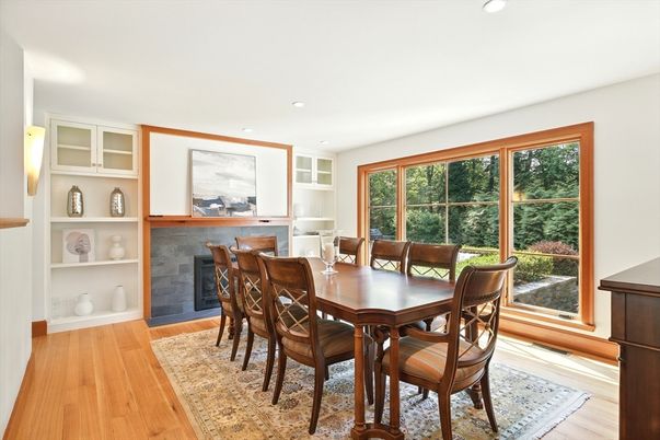 Dining room, Fireplace, Interior, Recessed Lighting, Wood Texture Flooring